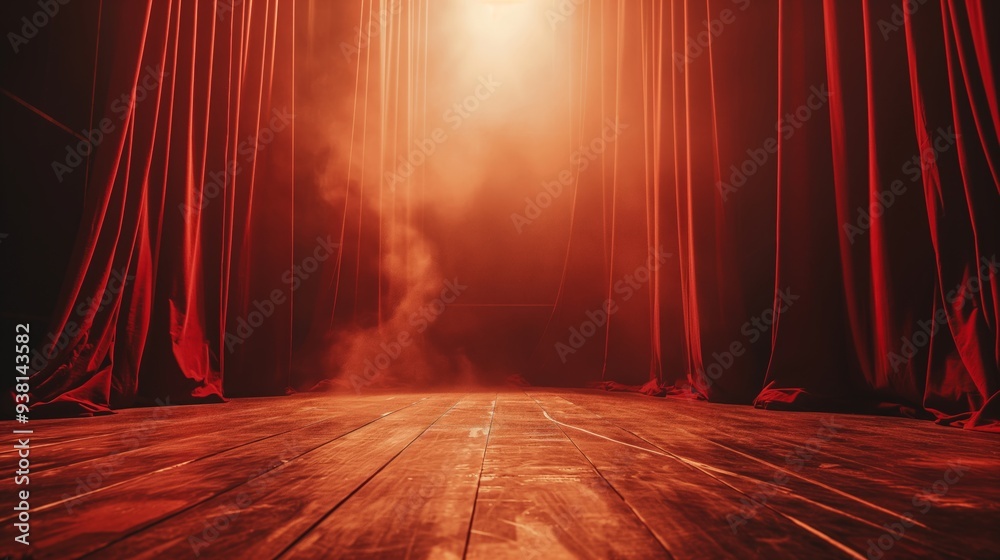 Magic theater stage with red curtains and spotlight