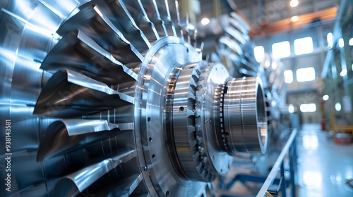 A close-up view of large turbines spinning inside a modern natural gas power plant