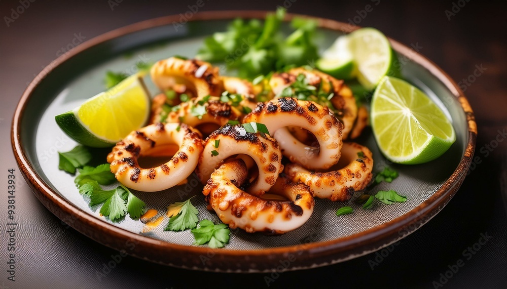 Beautifully Arranged Grilled Calamari with Herbs and Lime Slices on a Ceramic Plate Seafood Delicacy Beautifully Arranged Grilled Calamari with Herbs and Lime Slices on a Ceramic Plate Seafood Delicacy