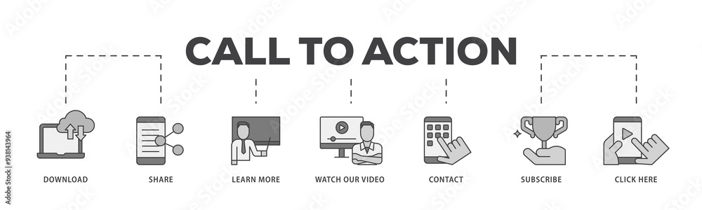 Call to action icon infographic illustration concept with icon of click here, watch our video, subscribe, contact, learn more, share, download icon png and easy to edit Call to action icon infographic illustration concept with icon of click here, watch our video, subscribe, contact, learn more, share, download icon png and easy to edit