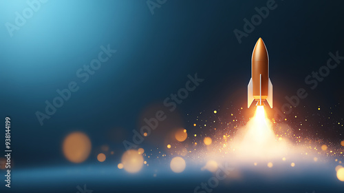 A sleek rocket ascends with a fiery plume, symbolizing innovation and exploration against a dramatic blue backdrop.