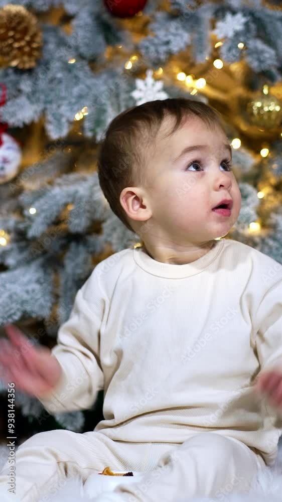 Beautiful angelic kid in white clothes sits near the nicely decorated Christmas tree. Lovely child plays with a toy and waves his hands happily. Vertical video Beautiful angelic kid in white clothes sits near the nicely decorated Christmas tree. Lovely child plays with a toy and waves his hands happily. Vertical video