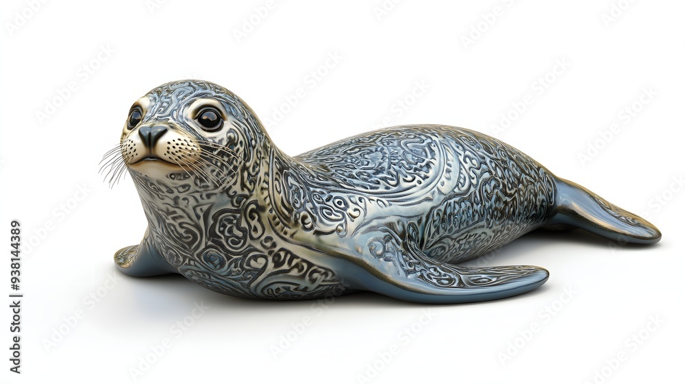 Naklejka premium 24. **A lifelike 3D render of a ceramic tile art showcasing a playful seal with detailed patterns and textures, isolated on a white background