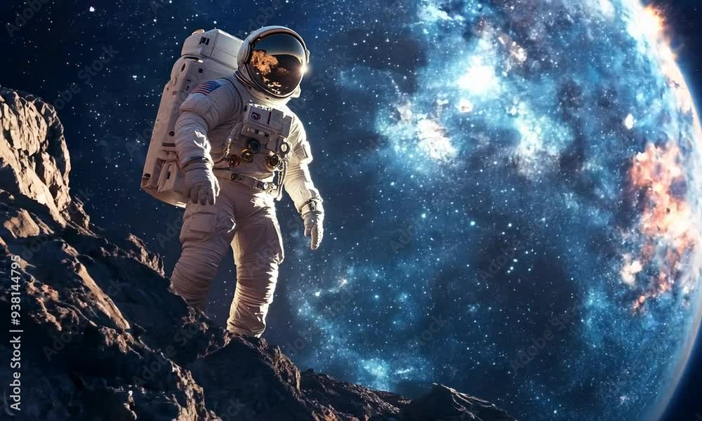 Astronaut Standing on a Rocky Surface in Space Astronaut Standing on a Rocky Surface in Space