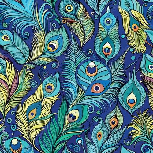 Peacock feather seamless design vector illustration – vibrant repeating pattern with elegant feather details in blue, green, and gold tones for fabric, wallpaper, stationery, and digital use