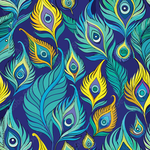 Peacock feather seamless design vector illustration – vibrant repeating pattern with elegant feather details in blue, green, and gold tones for fabric, wallpaper, stationery, and digital use