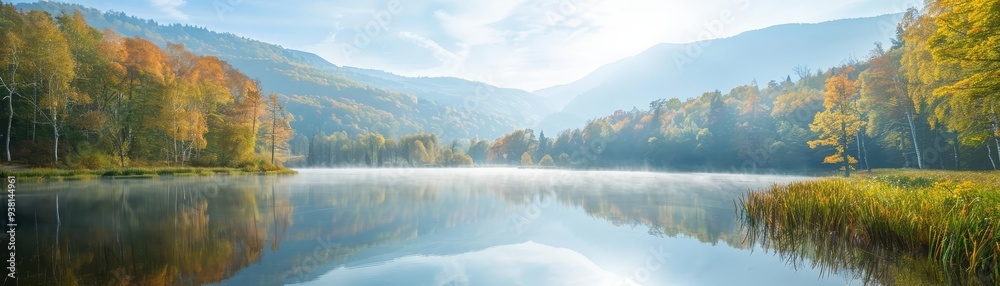Misty Autumn Lake with Mountain Reflections Misty Autumn Lake with Mountain Reflections