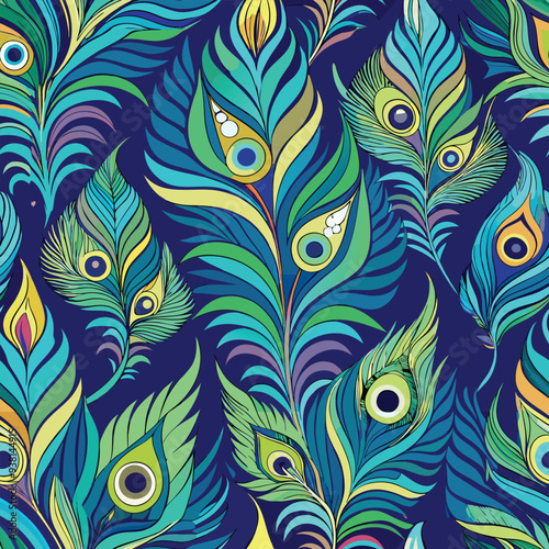 Peacock feather seamless design vector illustration – vibrant repeating pattern with elegant feather details in blue, green, and gold tones for fabric, wallpaper, stationery, and digital use