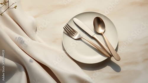 Modern cutlery set laid on minimalist linen tablecloth