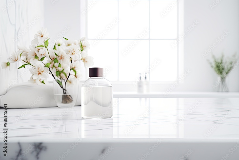Table with marble stone counter top, blurred white bathroom backdrop, display for product presentation. Table with marble stone counter top, blurred white bathroom backdrop, display for product presentation.