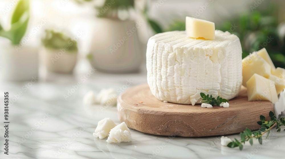 Delicious wheel of fresh goat cheese on a wooden board, garnished with herbs. Concept of dairy, gourmet cheese, artisanal food, and healthy eating. Delicious wheel of fresh goat cheese on a wooden board, garnished with herbs. Concept of dairy, gourmet cheese, artisanal food, and healthy eating.