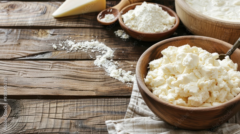 White Cheese and Flour on Wooden Table White Cheese and Flour on Wooden Table