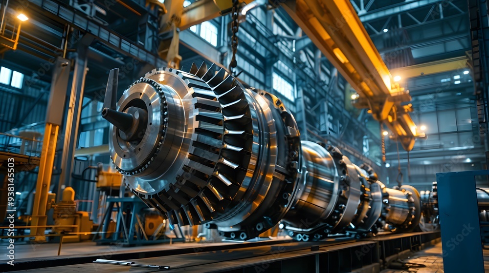 A turbine rotor being hoisted for maintenance in a gas power plant A turbine rotor being hoisted for maintenance in a gas power plant