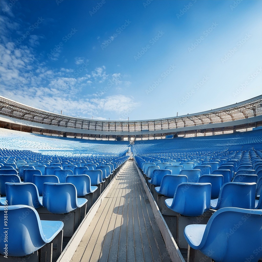 Obraz premium blue tribunes. seats of tribune on sport stadium. empty outdoor arena. concept of fans. chairs for audience. cultural environment concept. color and symmetry