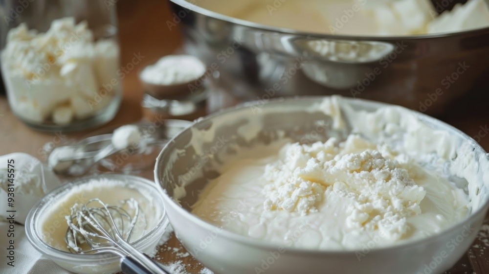 Creamy White Baking Ingredients on a Wooden Surface Creamy White Baking Ingredients on a Wooden Surface