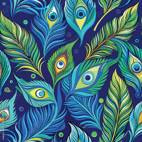 Peacock feather seamless design vector illustration – vibrant repeating pattern with elegant feather details in blue, green, and gold tones for fabric, wallpaper, stationery, and digital use