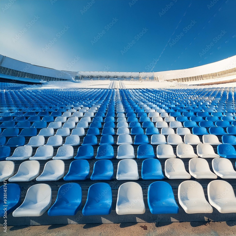 Obraz premium blue tribunes. seats of tribune on sport stadium. empty outdoor arena. concept of fans. chairs for audience. cultural environment concept. color and symmetry