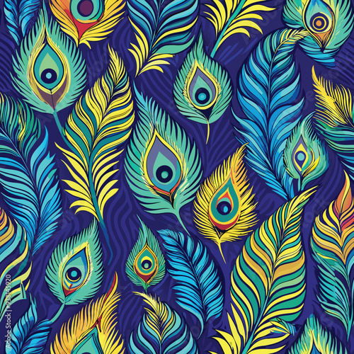 Peacock feather seamless design vector illustration – vibrant repeating pattern with elegant feather details in blue, green, and gold tones for fabric, wallpaper, stationery, and digital use