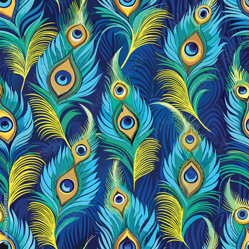 Peacock feather seamless design vector illustration – vibrant repeating pattern with elegant feather details in blue, green, and gold tones for fabric, wallpaper, stationery, and digital use