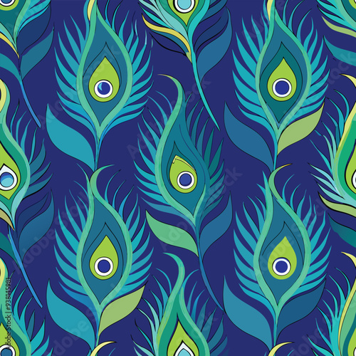 Peacock feather seamless design vector illustration – vibrant repeating pattern with elegant feather details in blue, green, and gold tones for fabric, wallpaper, stationery, and digital use