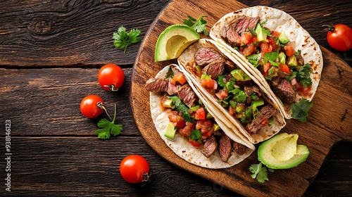 11 Juicy steak tacos with fresh salsa and avocado, soft tortillas, vibrant and colorful presentation