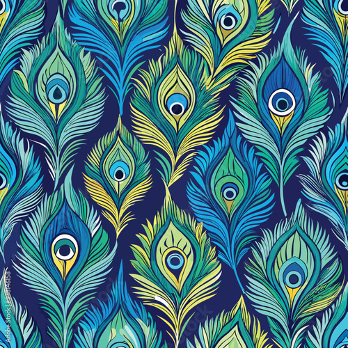 Peacock feather seamless design vector illustration – vibrant repeating pattern with elegant feather details in blue, green, and gold tones for fabric, wallpaper, stationery, and digital use