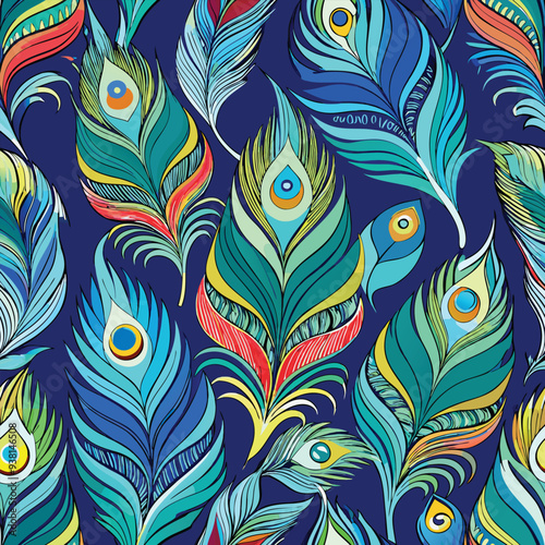 Peacock feather seamless design vector illustration – vibrant repeating pattern with elegant feather details in blue, green, and gold tones for fabric, wallpaper, stationery, and digital use