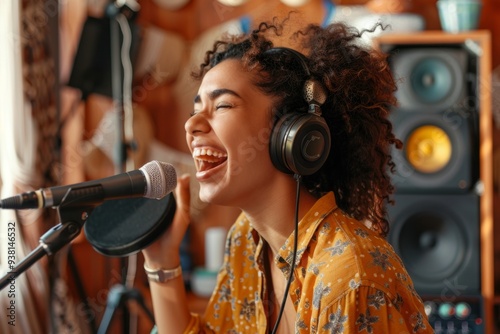 A young woman sings passionately into a microphone wearing headphones. The studio has a vibrant atmosphere with sound equipment. Capture the essence of music and creativity. Generative AI