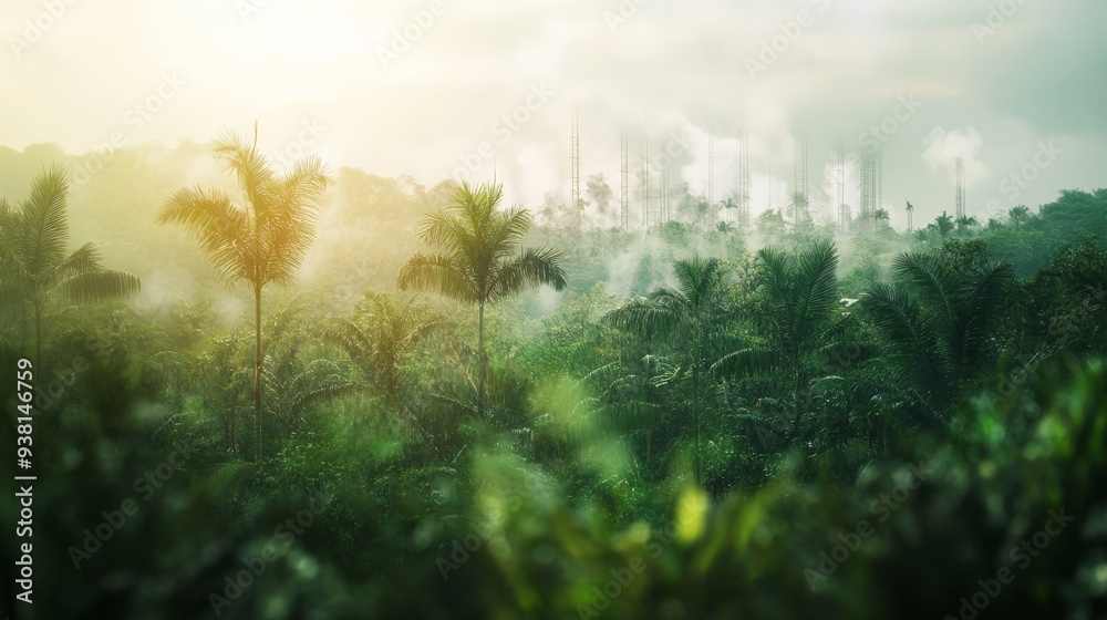 Fototapeta premium Lush tropical rainforest with sun rays filtering through palm trees, creating a serene and peaceful natural landscape at dawn.