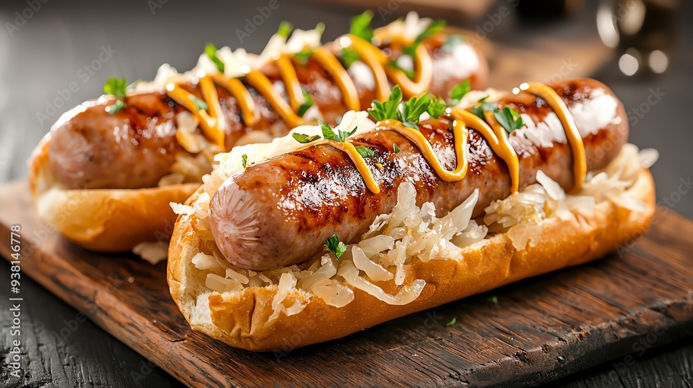 27 Juicy bratwurst sausages on a bun with sauerkraut, dripping with mustard, hearty and satisfying