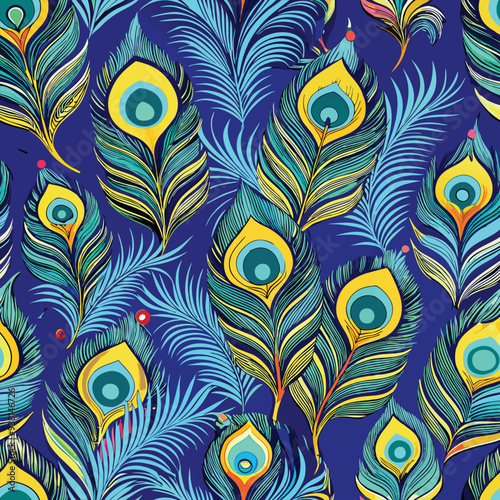 Peacock feather seamless design vector illustration – vibrant repeating pattern with elegant feather details in blue, green, and gold tones for fabric, wallpaper, stationery, and digital use