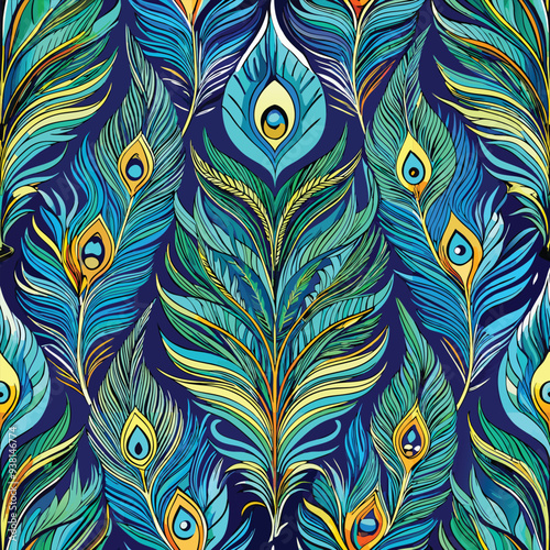 Peacock feather seamless design vector illustration – vibrant repeating pattern with elegant feather details in blue, green, and gold tones for fabric, wallpaper, stationery, and digital use