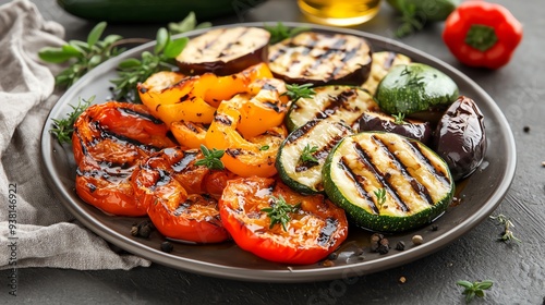 30 Juicy grilled vegetable platter with zucchini, bell peppers, and eggplant, drizzled with olive oil