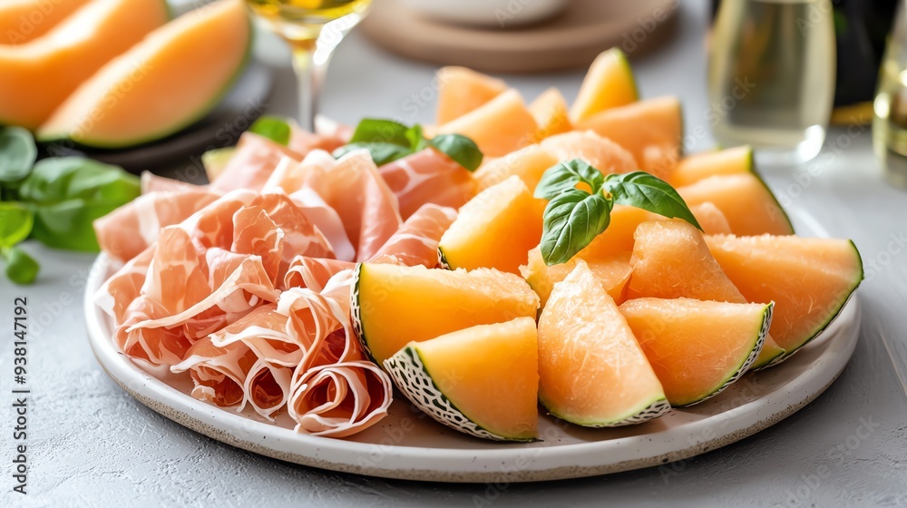 36 Juicy cantaloupe slices, vibrant orange, served on a platter with prosciutto, fresh and sweet 36 Juicy cantaloupe slices, vibrant orange, served on a platter with prosciutto, fresh and sweet