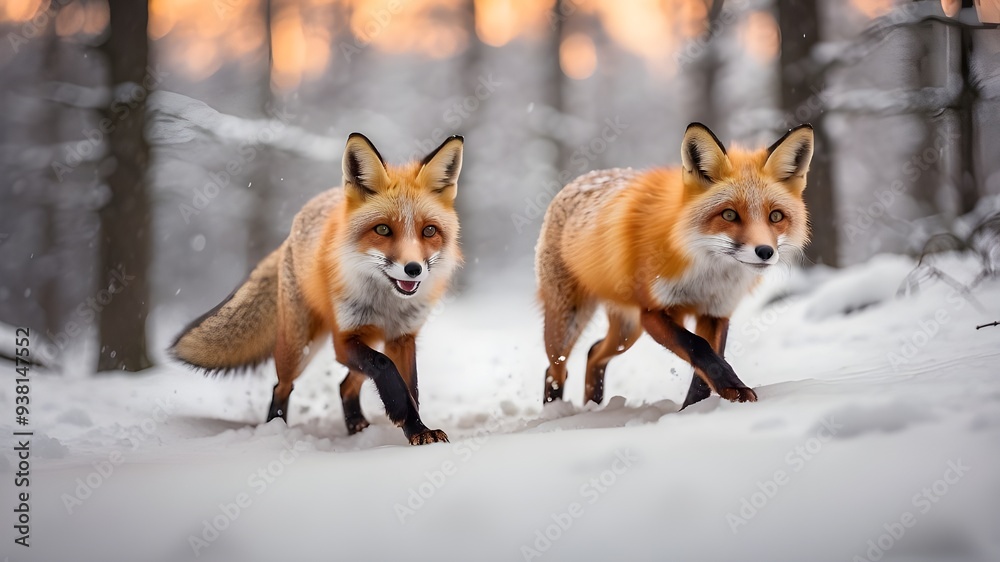 Obraz premium A playful fox darting through the snow in a winter forest.