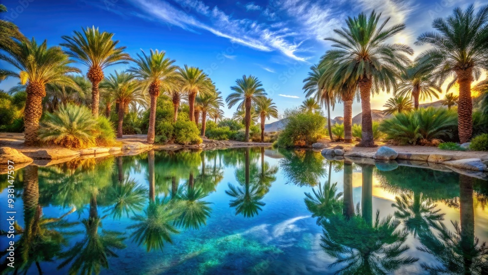 A tranquil desert oasis surrounded by swaying palm trees, featuring a crystal-clear water pool reflecting a brilliant blue sky. A tranquil desert oasis surrounded by swaying palm trees, featuring a crystal-clear water pool reflecting a brilliant blue sky.
