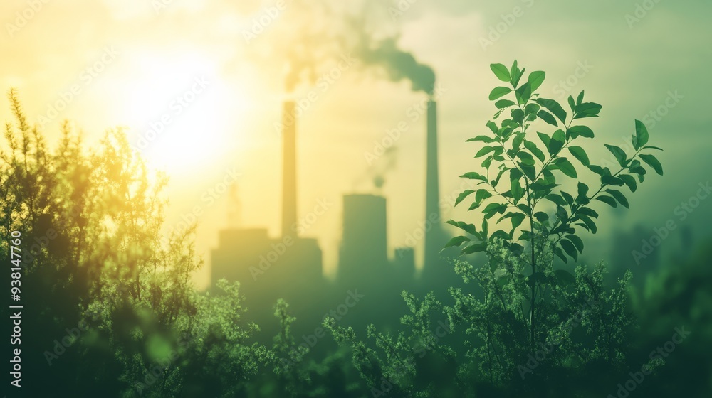 Obraz premium Industrial pollution near green nature, illustrating the contrast between environmental sustainability and factory emissions at sunset.