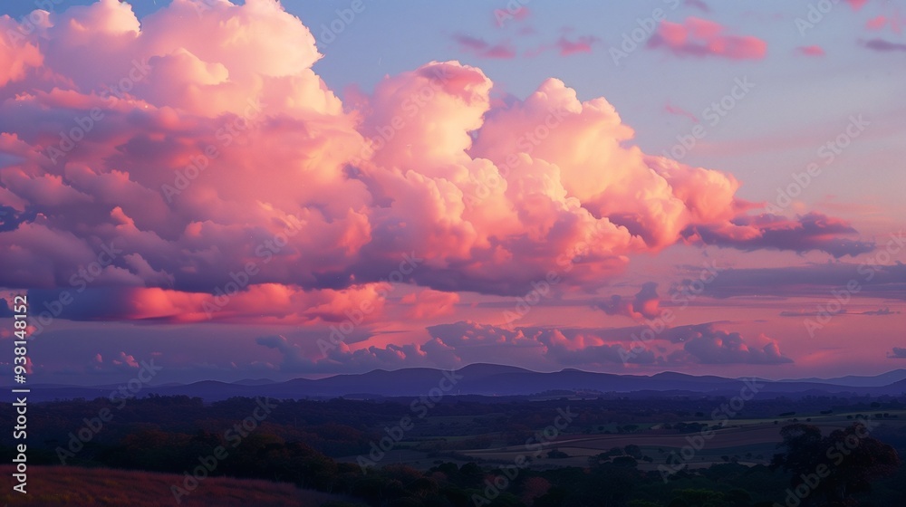 Soft pink clouds illuminated by the setting sun, casting a warm glow over a peaceful countryside. Soft pink clouds illuminated by the setting sun, casting a warm glow over a peaceful countryside.