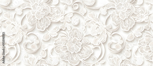 A flat vector illustration background of a seamless lace pattern on white cotton fabric, incorporating vintage lace motifs, ornate details, interwoven patterns, delicate and elegant