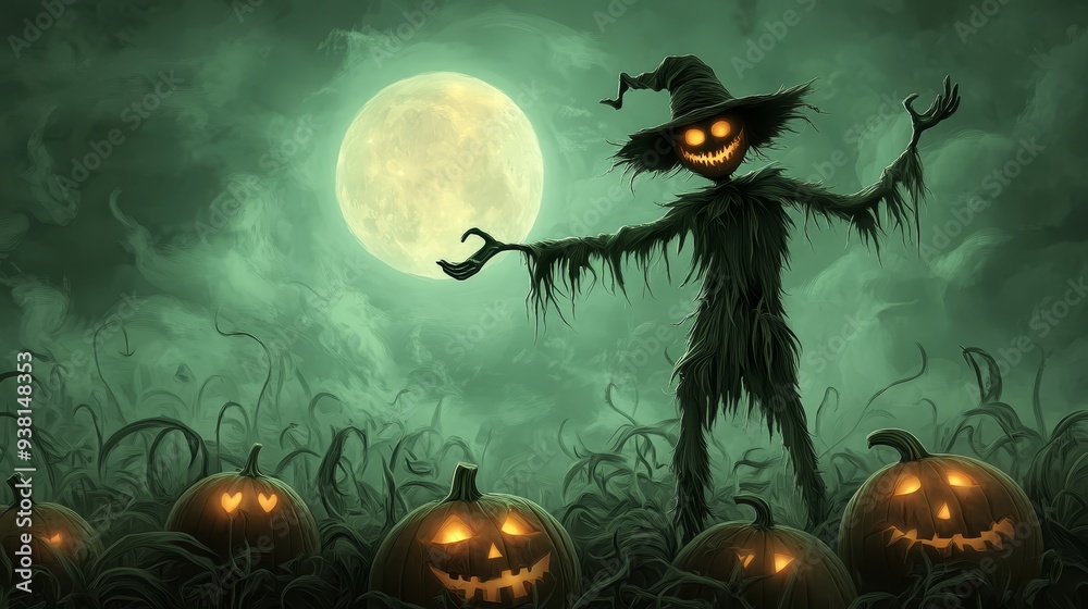 Fototapeta premium Spooky Scarecrow with Pumpkin in a Foggy Cornfield Under the Full Moon