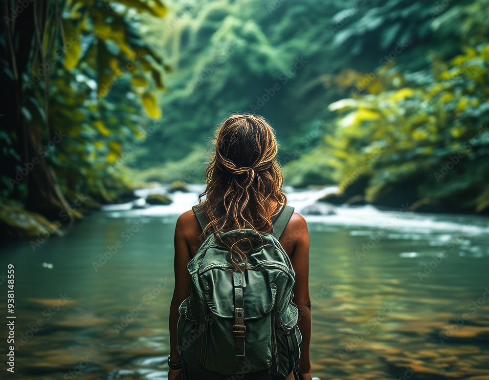 Backpacker gazing at a tranquil jungle river, immersed in the serene beauty of nature, perfect for adventure and travel inspiration. Backpacker gazing at a tranquil jungle river, immersed in the serene beauty of nature, perfect for adventure and travel inspiration.