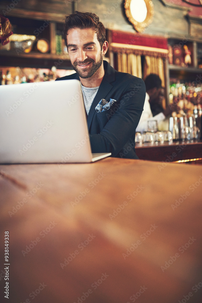 Bar, business and man with pc, smile and connection with research, thinking and creativity. Restaurant, writer and manuscript with laptop, professional and internet with website information and relax Bar, business and man with pc, smile and connection with research, thinking and creativity. Restaurant, writer and manuscript with laptop, professional and internet with website information and relax