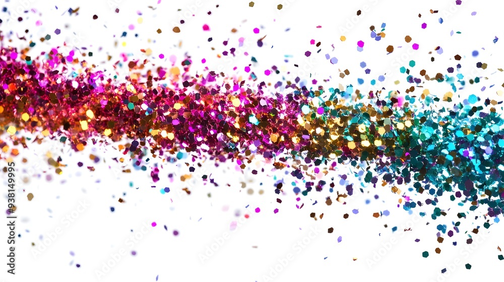 Obraz premium Glitter Explosion: A burst of glitter particles in various colors, shimmering as they spread out against a white background. 