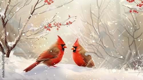 Two cardinals in a snowy landscape.