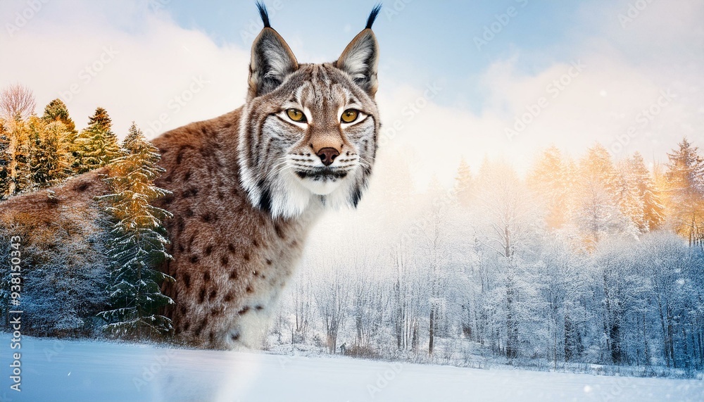 Fototapeta premium Captivating Double Exposure of Lynx in Snowy Winter Forest Landscape