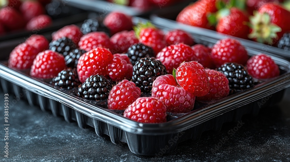 Fresh Raspberries and Blackberries in a Black Plastic Container Fresh Raspberries and Blackberries in a Black Plastic Container