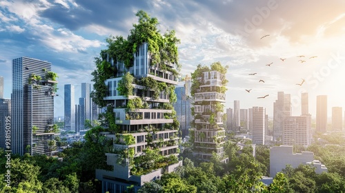 Futuristic eco-friendly skyscrapers interwoven with lush greenery, set against a modern urban skyline under a bright, sunny sky. photo