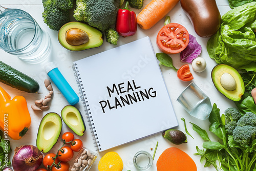 a meal planning notebook with the words "MEAL PLANNING" surrounded by healthy foods such as vegetables, fruits, beans, and avocado