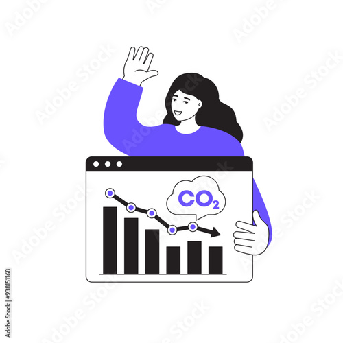 carbon emission reduction vector illustration with a girl, woman presenting data, CO2 report