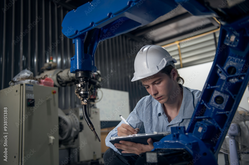 Engineer with helmet safety standing by robotic arm and operating machine in industry factory, technician worker check for repair maintenance electronic operation Engineer with helmet safety standing by robotic arm and operating machine in industry factory, technician worker check for repair maintenance electronic operation
